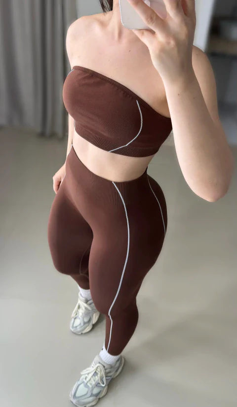Conjunto de legging sem costura marrom top faixa